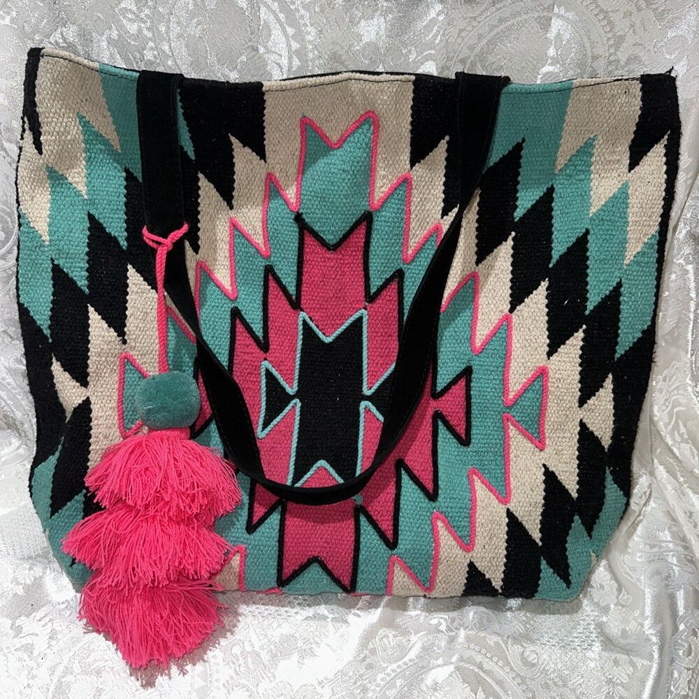 Sterling Kreek Southwestern Tote with Pom Poms and Tassels Aztec Tribal